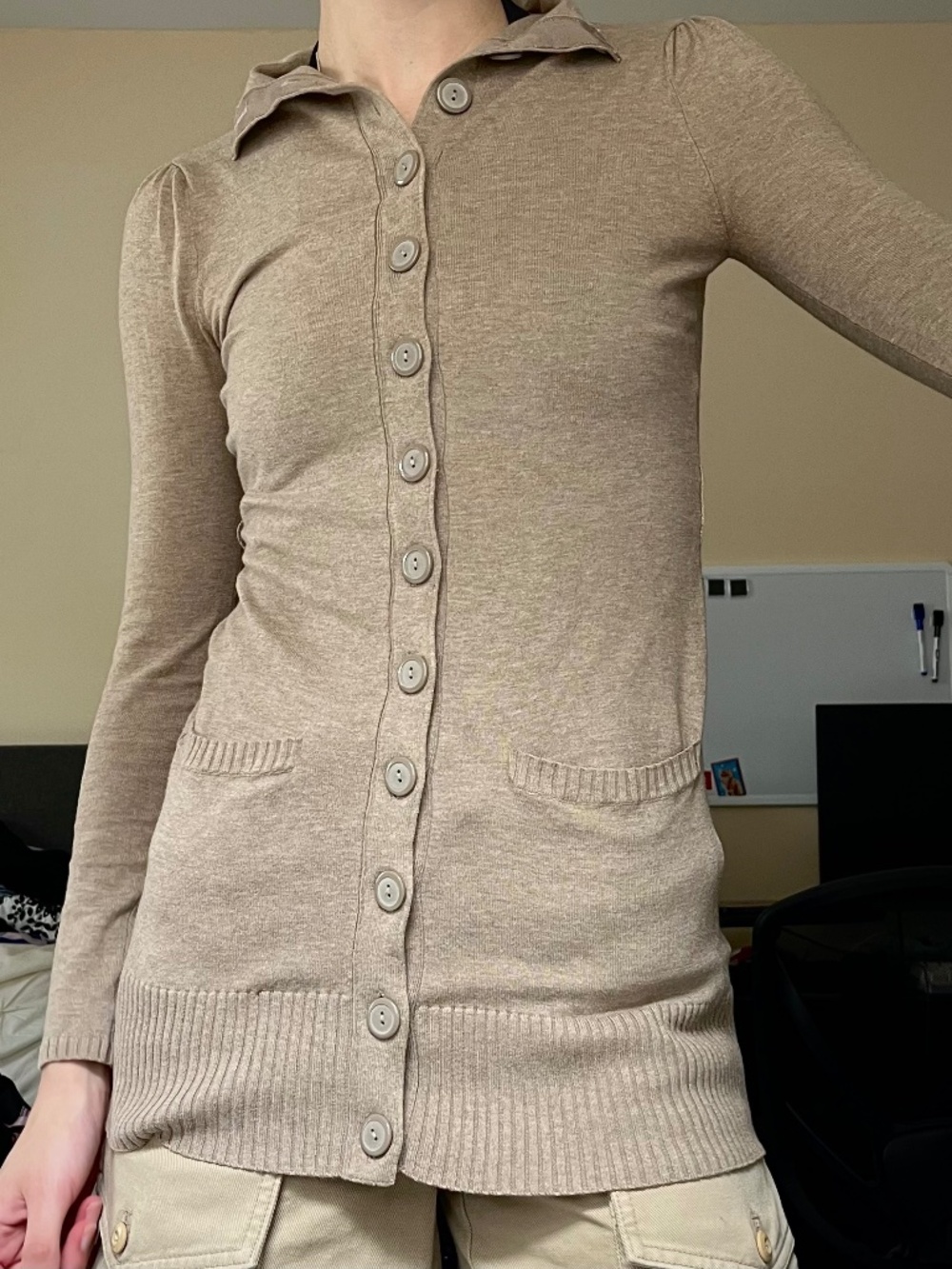 VINTAGE y2k Guess Jeans tan longline button cardigan sweater XS
